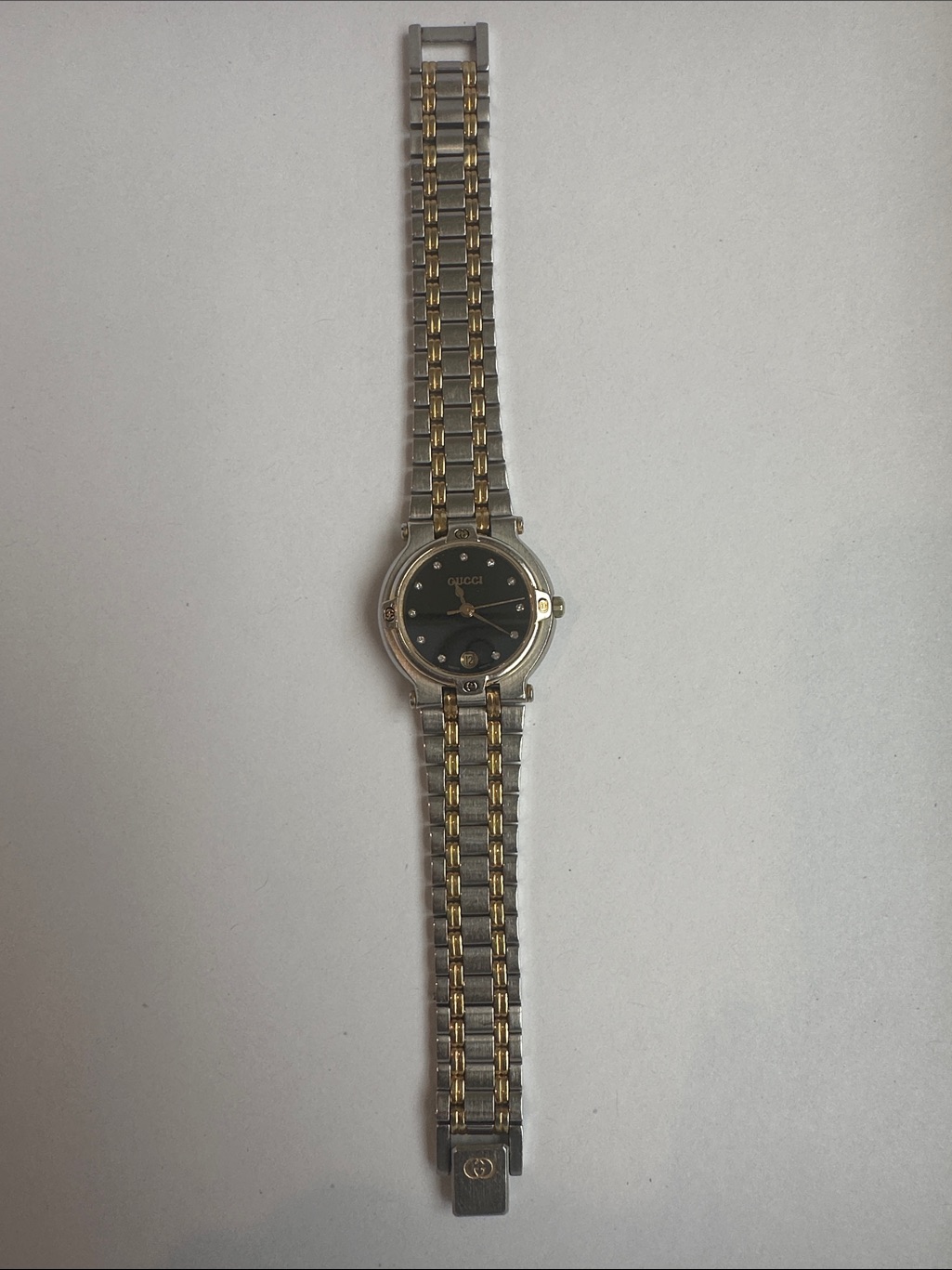 Gucci TwoTone Gold And Silver Ladies Watch With Black Diamond Dial